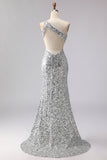 Sparkly One Shoulder Cut Out Mermaid Golden Sequin Long Prom Dress with Slit