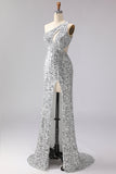 Sparkly One Shoulder Cut Out Mermaid Golden Sequin Long Prom Dress with Slit