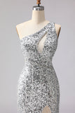 Sparkly One Shoulder Cut Out Mermaid Golden Sequin Long Prom Dress with Slit