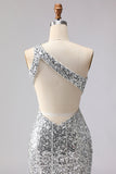 Sparkly One Shoulder Cut Out Mermaid Golden Sequin Long Prom Dress with Slit