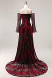Black Red Off the Shoulder Printed A-Line Prom Dress with Long Sleeves