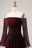 Black Red Off the Shoulder Printed A-Line Prom Dress with Long Sleeves