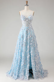 Blue Sequins A Line Sheer Corset Appliqued Long Prom Dress with Slit