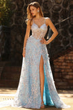 Blue Sequins A Line Sheer Corset 3D Flowers Long Prom Dress with Slit