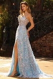 Blue Sequins A Line Sheer Corset 3D Flowers Long Prom Dress with Slit