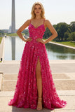 Fuchsia A Line Sequins Sheer Corset 3D Flowers Long Prom Dress with Slit