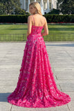 Fuchsia A Line Sequins Sheer Corset 3D Flowers Long Prom Dress with Slit