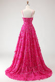 Fuchsia A Line Sequins Sheer Corset 3D Flowers Long Prom Dress with Slit
