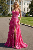 Fuchsia A Line Sequins Sheer Corset 3D Flowers Long Prom Dress with Slit
