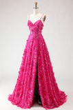 Fuchsia A Line Sequins Sheer Corset 3D Flowers Long Prom Dress with Slit
