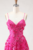 Fuchsia A Line Sequins Sheer Corset 3D Flowers Long Prom Dress with Slit