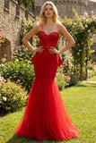 Glitter Red Mermaid Sweetheart Corset Sequin Ruched Long Prom Dress with Bow