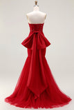 Glitter Red Mermaid Sweetheart Corset Sequin Ruched Long Prom Dress with Bow