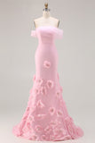 Pink 3D Flowers Off the Shoulder Mermaid Prom Dress