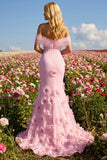 Pink 3D Flowers Off the Shoulder Mermaid Prom Dress