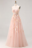 Blush A-Line Tulle Appliqued Corset Convertible Long Prom Dress with Sleeves