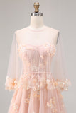 Blush A-Line Tulle Appliqued Corset Convertible Long Prom Dress with Sleeves