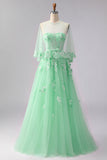 Green A-Line Corset Tulle Appliqued Convertible Long Prom Dress