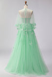 Blush A-Line Tulle Appliqued Corset Convertible Long Prom Dress with Sleeves