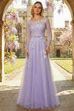 Lilac A Line Corset Sequins Tulle Long Prom Dress with Long Sleeves