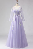 Lilac A Line Corset Appliqued Tulle Long Prom Dress with Long Sleeves