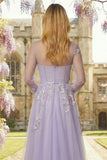 Lilac A Line Corset Sequins Tulle Long Prom Dress with Long Sleeves
