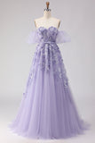 Purple Off The Shoulder Beaded A-Line Tulle Long Prom Dress with Removable Sleeves