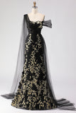 Green Mermaid One Shoulder 3D Flower Sequins Long Prom Dress with Streamer