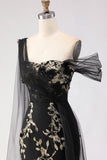 Black Mermaid One Shoulder 3D Flower Sequins Long Prom Dress with Streamer