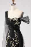 Green Mermaid One Shoulder 3D Flower Sequins Long Prom Dress with Streamer