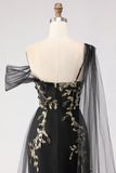 Green Mermaid One Shoulder 3D Flower Sequins Long Prom Dress with Streamer