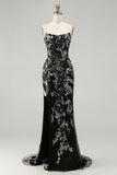 Black Mermaid Strapless Appliqued Long Prom Dress with Beading