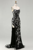 Black Mermaid Strapless Appliqued Long Prom Dress with Beading