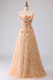 Champagne Off The Shoulder Floral A-Line Convertible Long Prom Dress