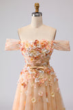 Champagne Off The Shoulder Floral A-Line Convertible Long Prom Dress
