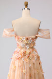Champagne Off The Shoulder Floral A-Line Convertible Long Prom Dress