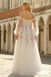 White Off The Shoulder A-Line Tulle Embroidered Long Plus Size Dress with Sequins