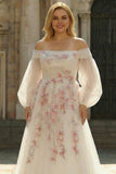 White Off The Shoulder A-Line Tulle Embroidered Long Plus Size Dress with Sequins