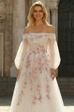 White A-Line Off The Shoulder Embroidered Tulle Long Prom Dress with Sequins