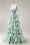 Blue Pink Flower A Line Ruffled Tiered Chiffon Long Prom Dress with Slit