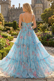 Blue Pink Flower A Line Ruffled Corset Spaghetti Straps Chiffon Long Prom Dress