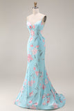 Blue Pink Flower Mermaid Spaghetti Straps Long Prom Dress