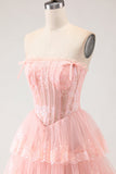 Blush Strapless Tiered Ruffle A Line Sequins Corset Long Prom Dress with Slit