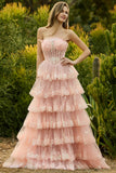 Strapless Tiered Ruffle A Line Blush Corset Sequin Long Prom Dress with Slit