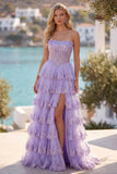 Lilac Strapless A Line Sequins Corset Tiered Ruffle Long Prom Dress with Slit