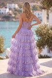 Lilac A Line Strapless Sequin Corset Tiered Ruffle Long Prom Dress with Slit