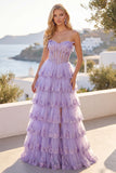 Lilac A Line Strapless Sequin Corset Tiered Ruffle Long Prom Dress with Slit