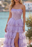 Lilac A Line Strapless Sequin Corset Tiered Ruffle Long Prom Dress with Slit