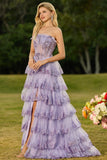Strapless Tiered Ruffle A Line Blush Corset Sequin Long Prom Dress with Slit