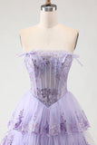 Lilac Strapless A Line Sequins Corset Tiered Ruffle Long Prom Dress with Slit